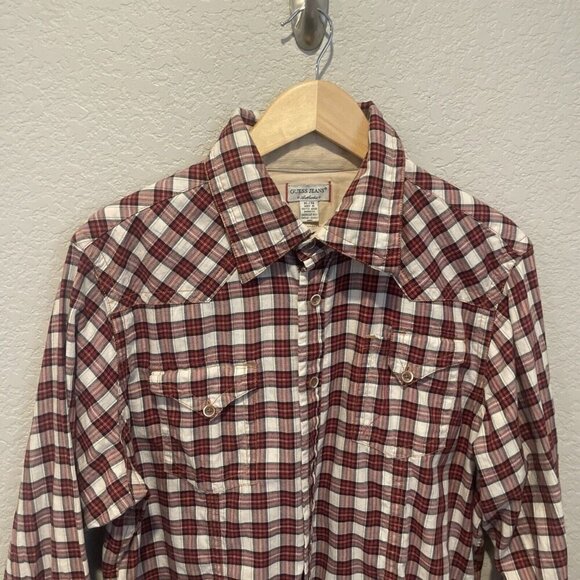 Guess Jeans Men's XL Red Flannel Plaid Western Shirt Button Long Sleeve - Picture 4 of 10